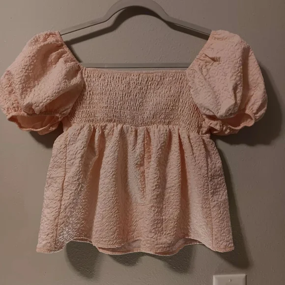 Shein Smocked Puff Sleeve Peplum Top - Light Pink - Picture 5 of 12